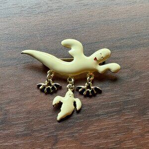 SFJ Vintage 80s Enamel Ghost Brooch Pin with Bats Gold Tone